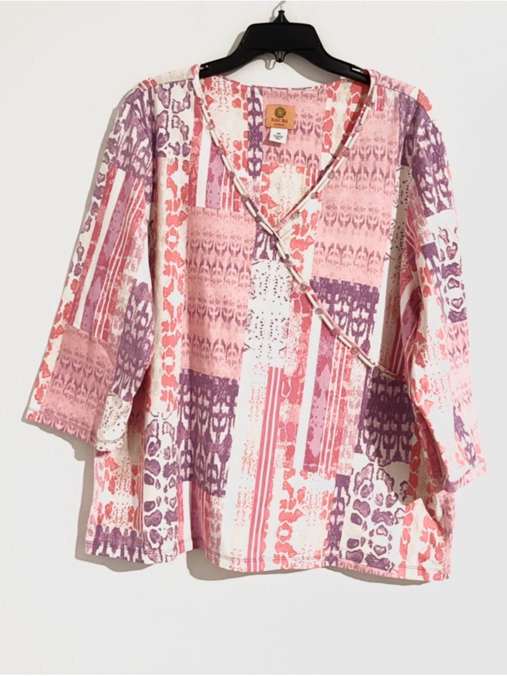 Ruby Rd. Size 2XL Pink, Size Purple‎ & Coral Printed Wrap-Style Tunic 3/4 Sleeve